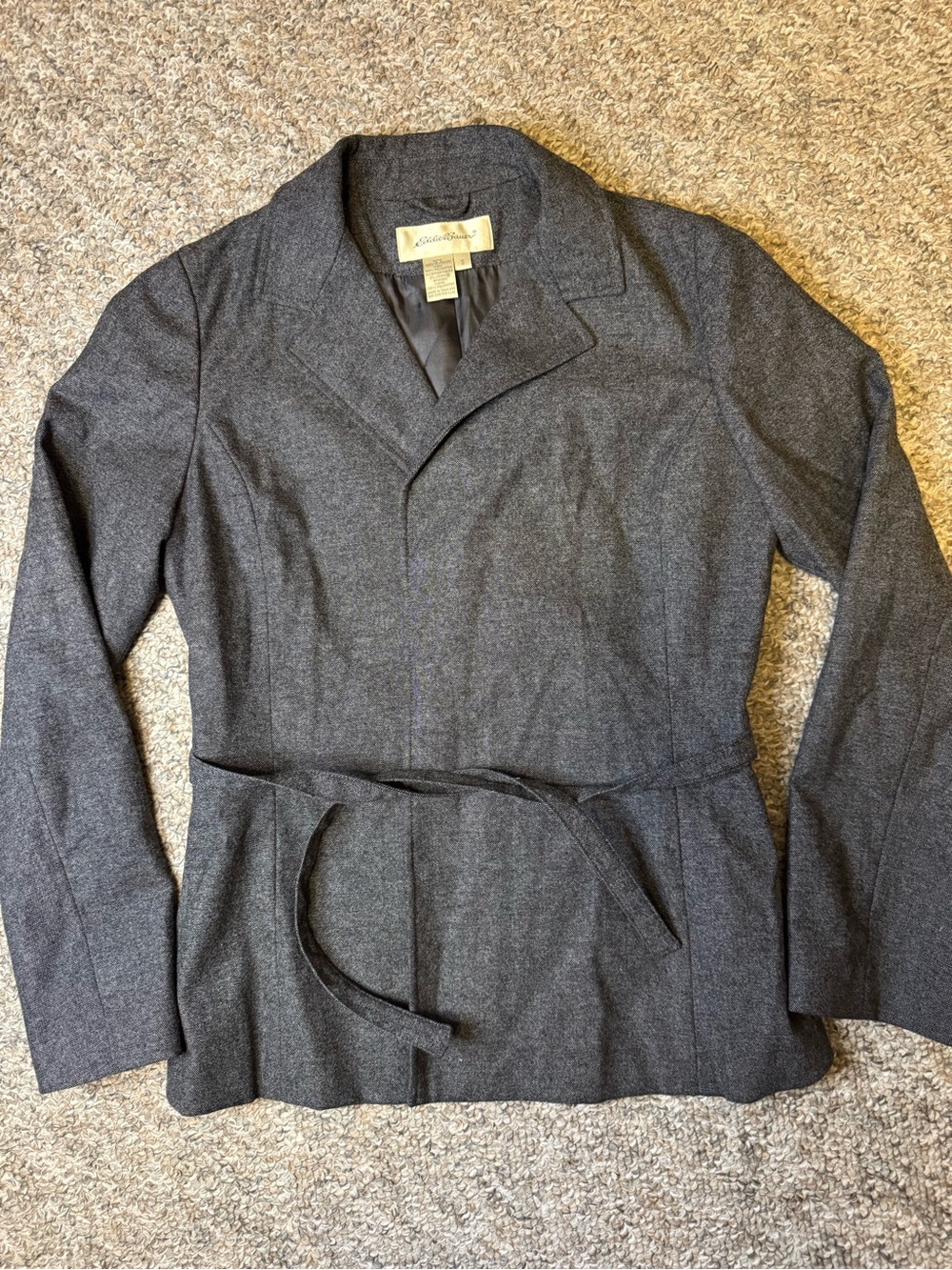 Eddie Bauer women’s wool blend Dark Charcoal tie waist Blazer